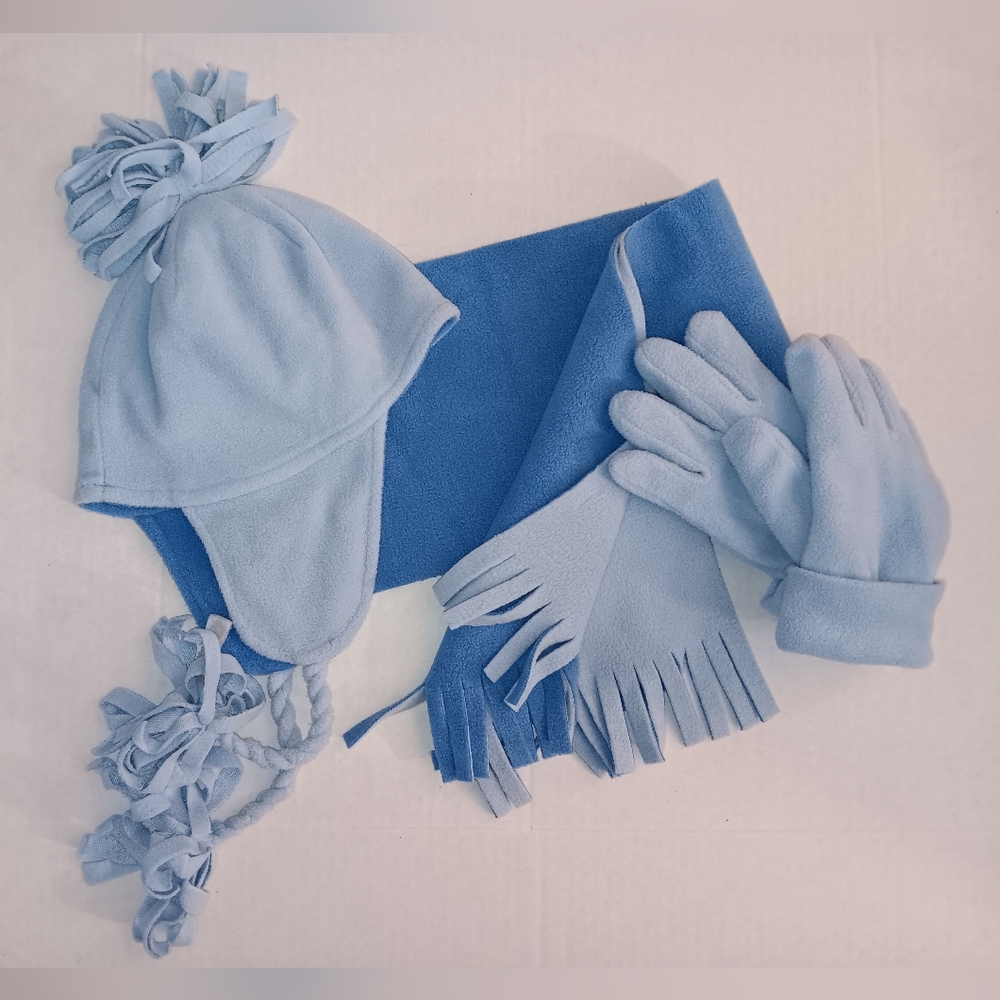 Kids Blue Fleece Winter Hat, Scarf, and Gloves Set Two Tone Light Dark